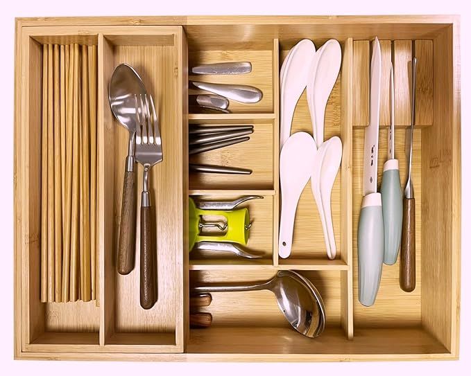 Double layer Bamboo Kitchen Drawer Organizer, Utensil Drawer Organizer, Silverware & Cutlery Tray... | Amazon (US)