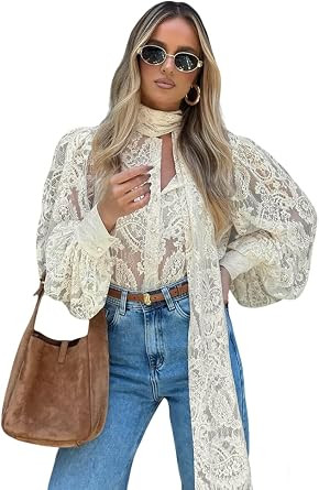 Lace Tops for Women Trendy Bishop Sleeve Blouse with Long Attached Scarf Business Casual Tops | Amazon (US)