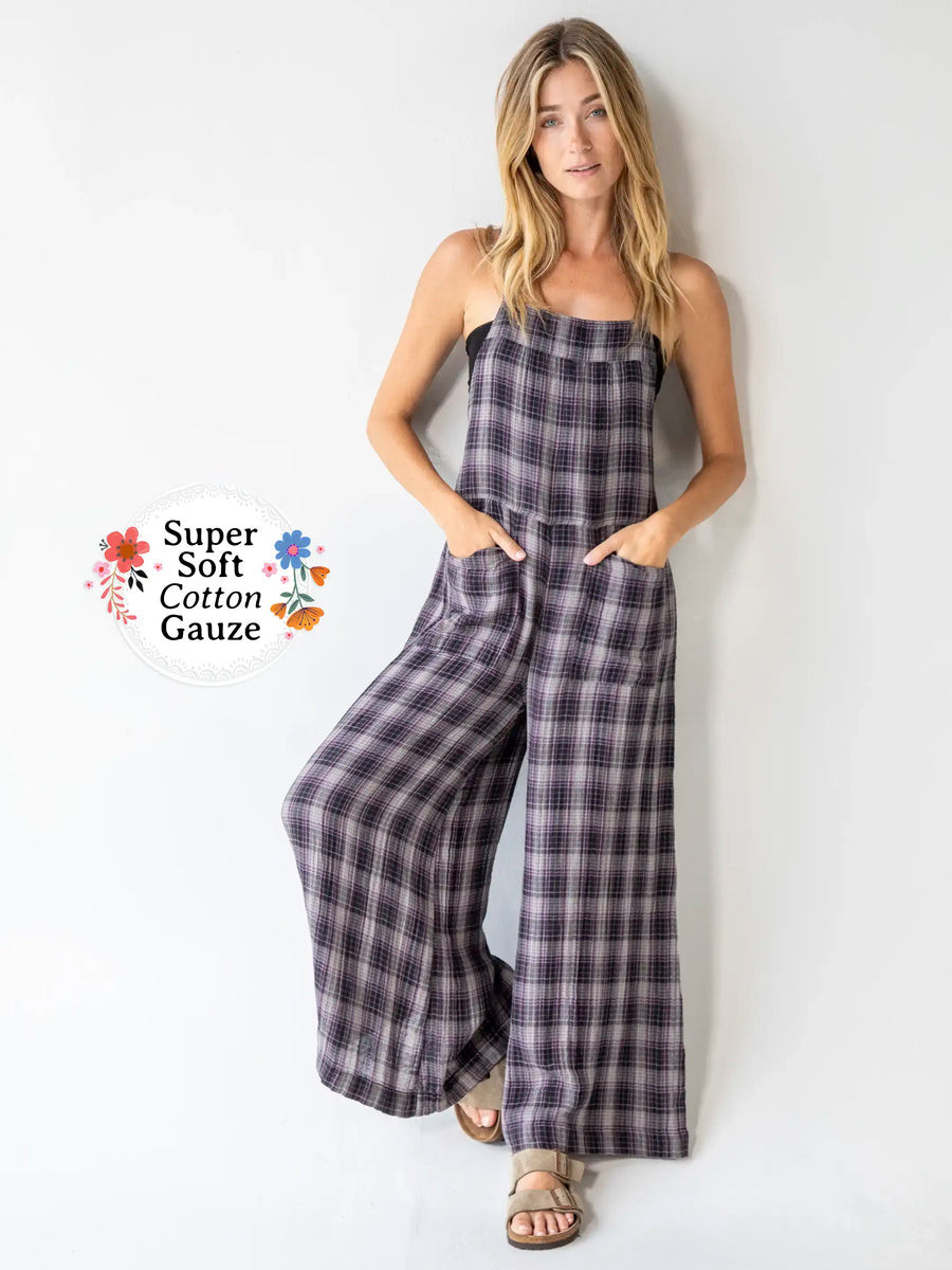 Dakota Tie Gauze Overall - Grey Plaid | Natural Life