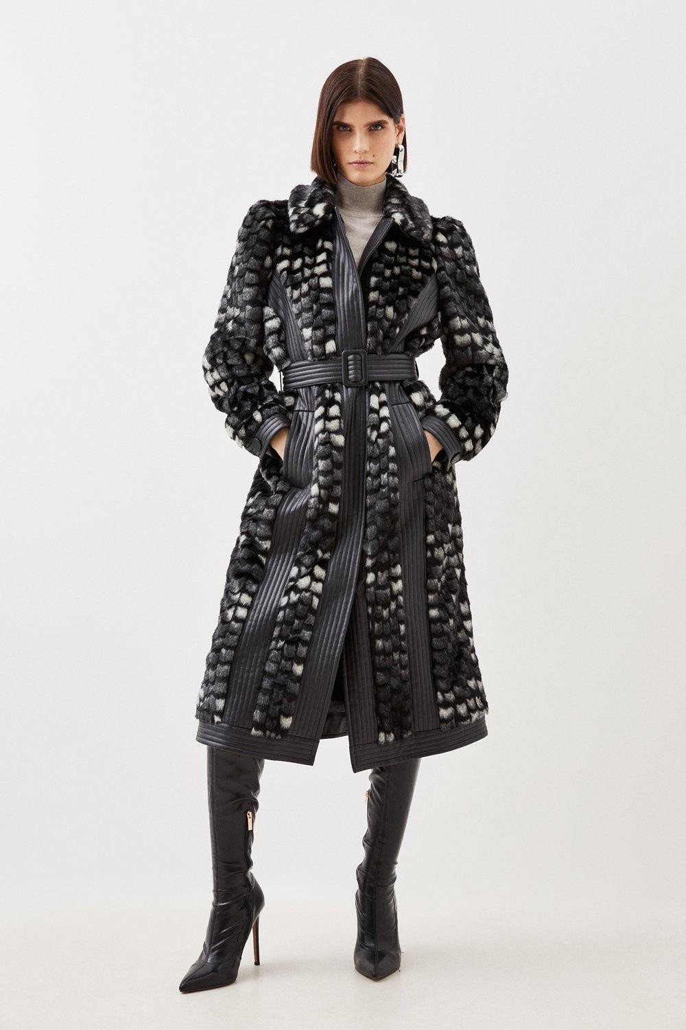 Faux Fur Pu Panelled Abstract Belted Coat | Karen Millen UK + IE + DE + NL