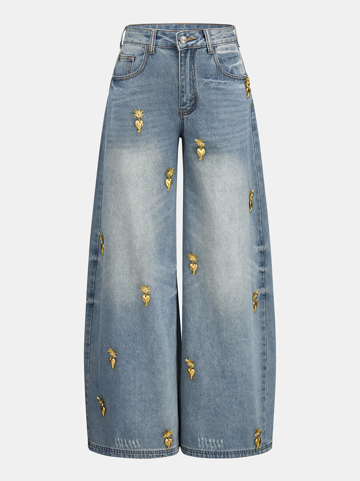 Heart Embellished Wide Leg Denim Pants | Commense