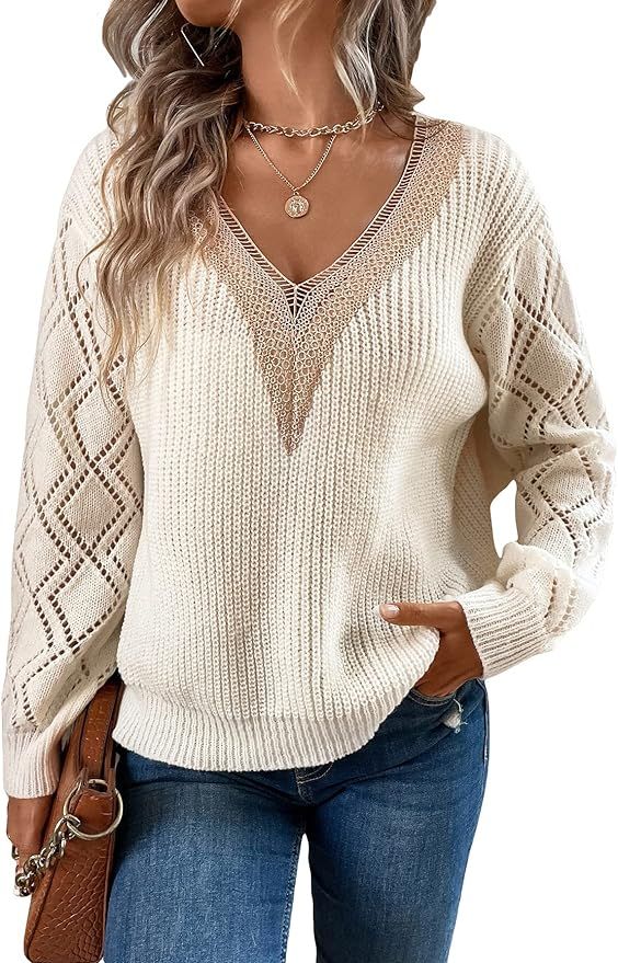 SOLY HUX Women's V Neck Sweaters Lace Trim Drop Shoulder Knit T Shirt Pullover Tops at Amazon Wom... | Amazon (US)