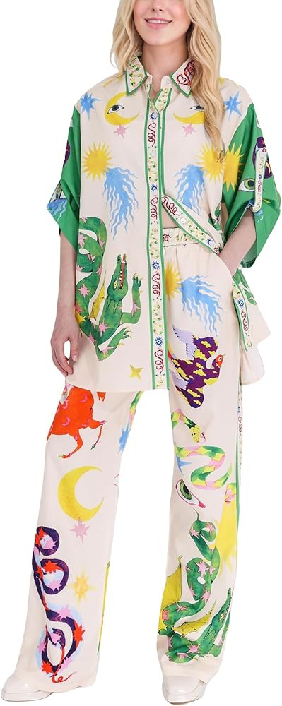 FOTN Womens Lounge Sets 2 Piece Outfit 2025 Summer Vacation Beach Button Down Shirt and Wide Leg ... | Amazon (US)