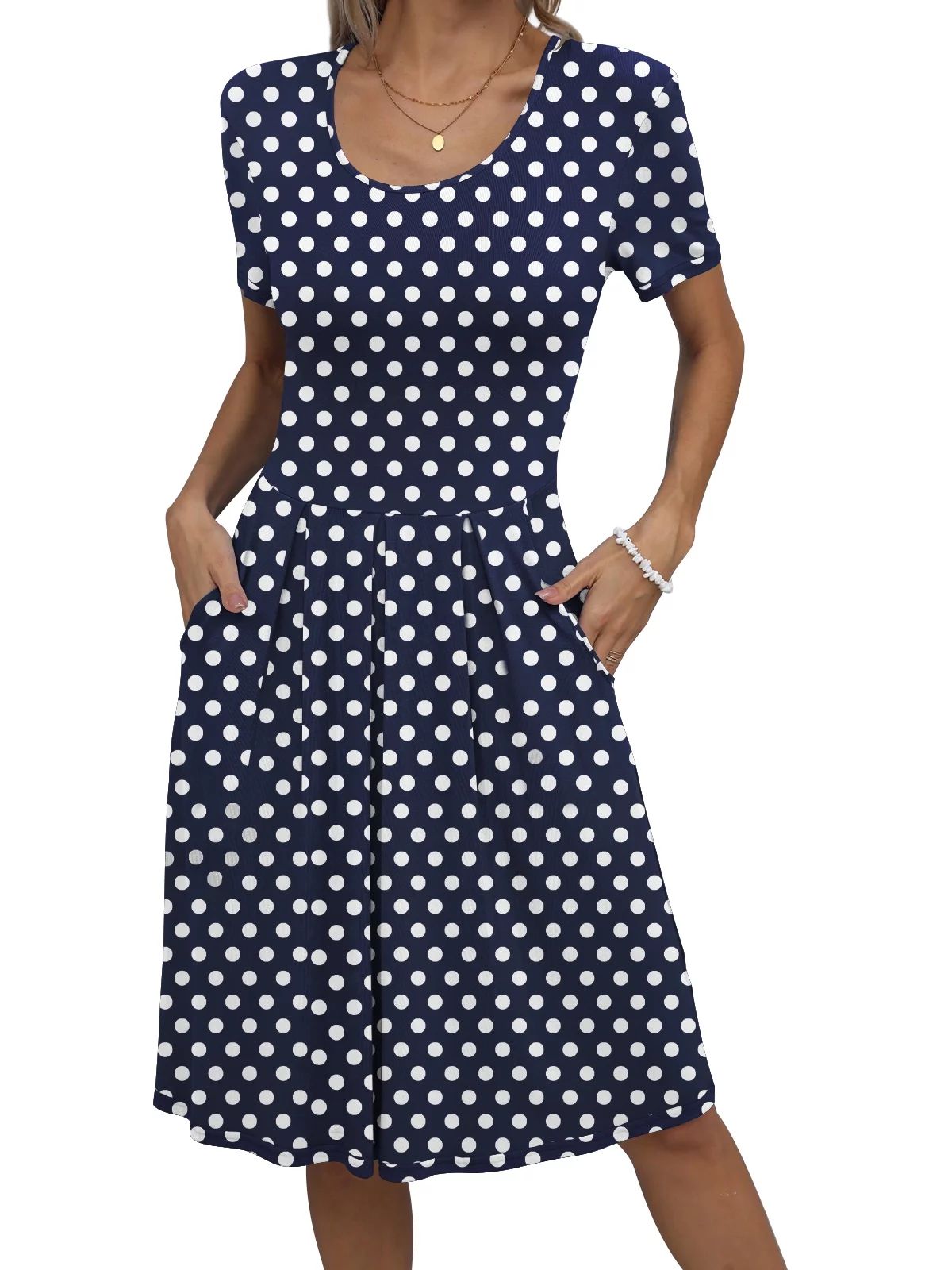 Mengpipi Dresses for Women Summer Casual Crew Neck Loose Flowy with Pockets, Polka Dots-S(US 4-6)... | Walmart (US)