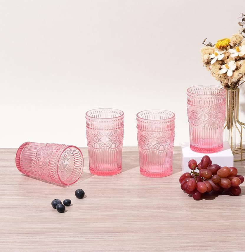 6 Pack Romantic Water Glasses-10.5 OZ Pink Vintage Drinking Glasses Tumblers for Whisky, Beer, Ju... | Amazon (US)