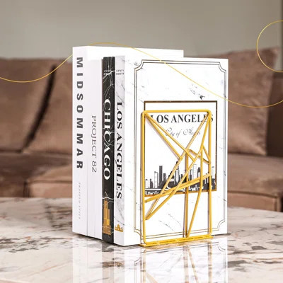 Decorative Geometric Design Gold Metal Bookends For Shelves With Powder Coating Finish – Elegant Non-Skid Lightweight Desktop Book Stand For Office, H | Wayfair North America