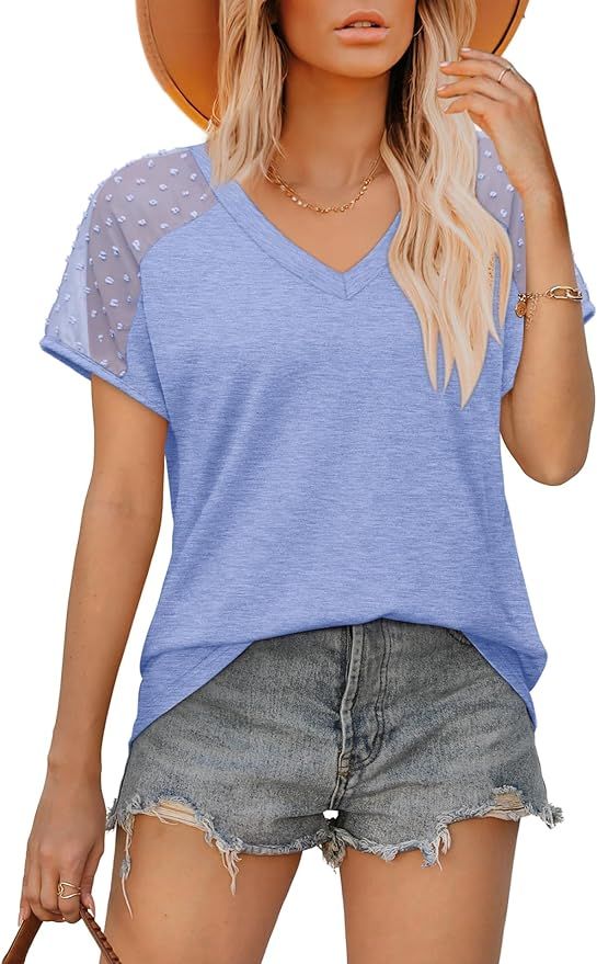 WIHOLL Summer Tops for Women V Neck T-Shirts Swiss Dot Short Sleeve Shirts Casual Fashion Blouses | Amazon (US)
