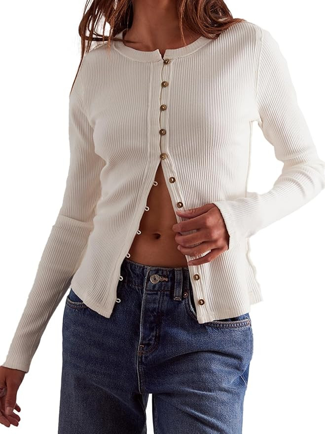 Womens Slim Fitted Cardigan Long Sleeve Y2K Ribbed Button Down Shirts | Amazon (US)
