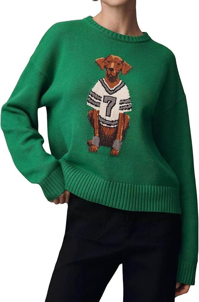 Women Dog Print Sweater Crew Neck Long Sleeve Knit Top Pullover Jumper Fall Winter 2025 Cloth Out... | Amazon (US)