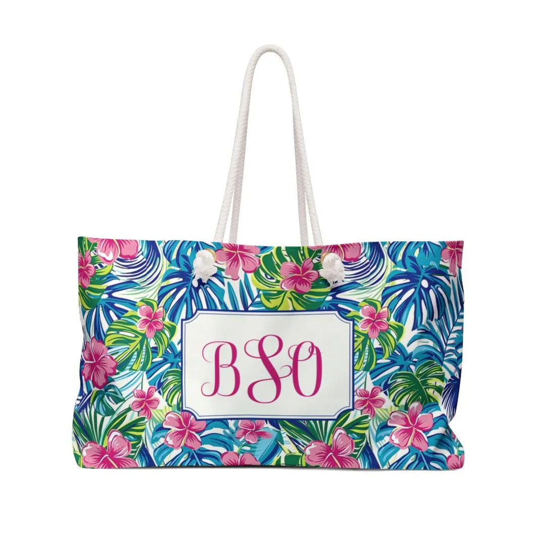 Monogram Tropical Weekender Bag | Beach Tote Bag, Personalized Gift, Bridesmaid Fave, Custom Naut... | Etsy (US)