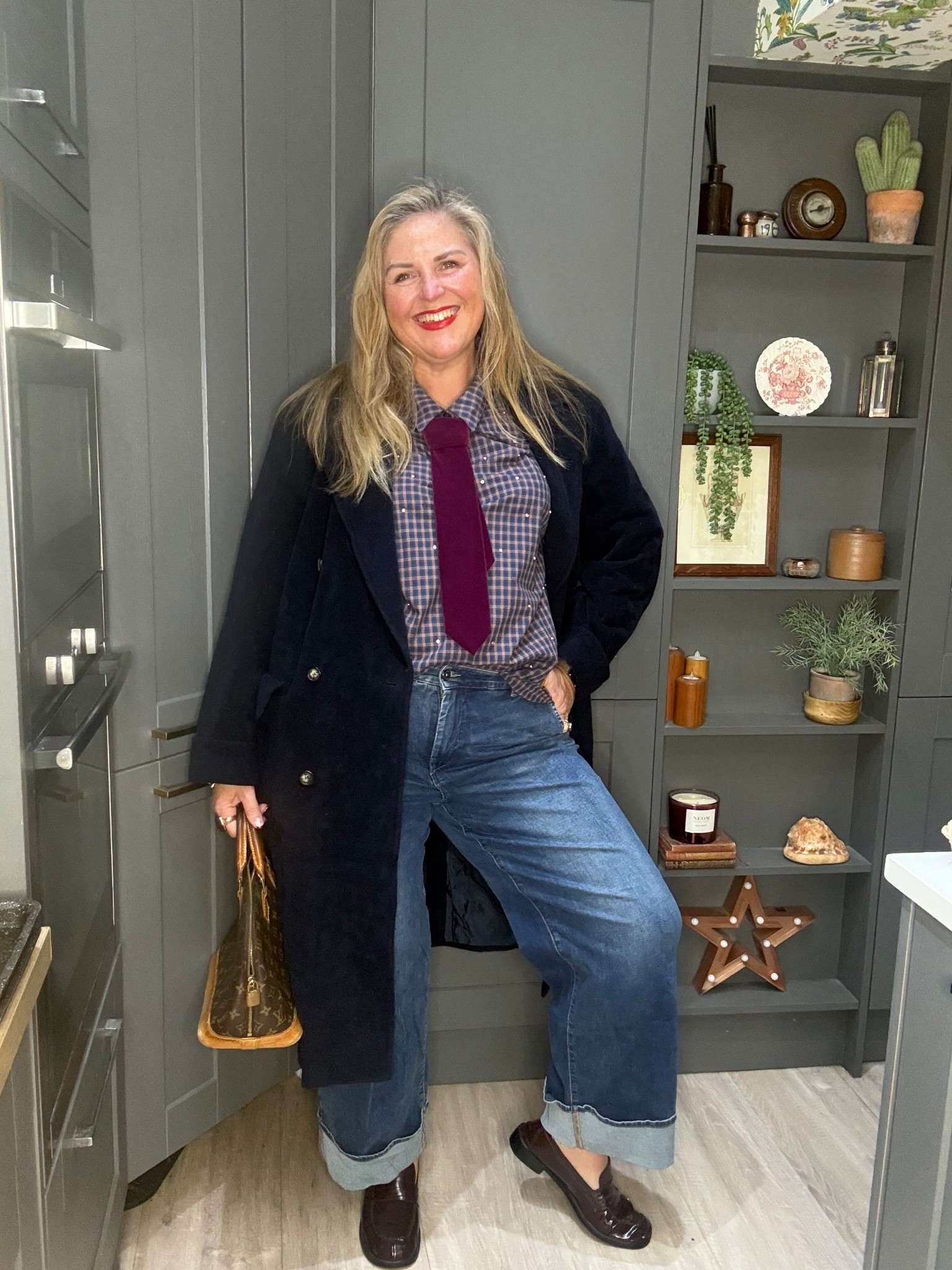 Turn up jeans, check shirt, velvet tie, long navy overcoat, Louis Vuitton bag, loafers 

#LTKfestive #LTKjeans #LTKplussize