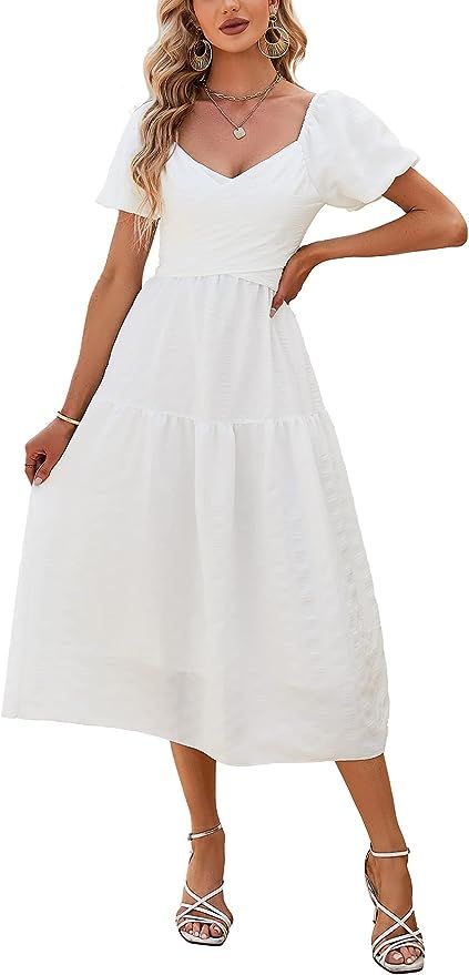 ANNA&CHRIS Womens Summer Puff Sleeve Midi Dress A Line V Neck High Waist Tie Back Smocked Tiered ... | Amazon (US)