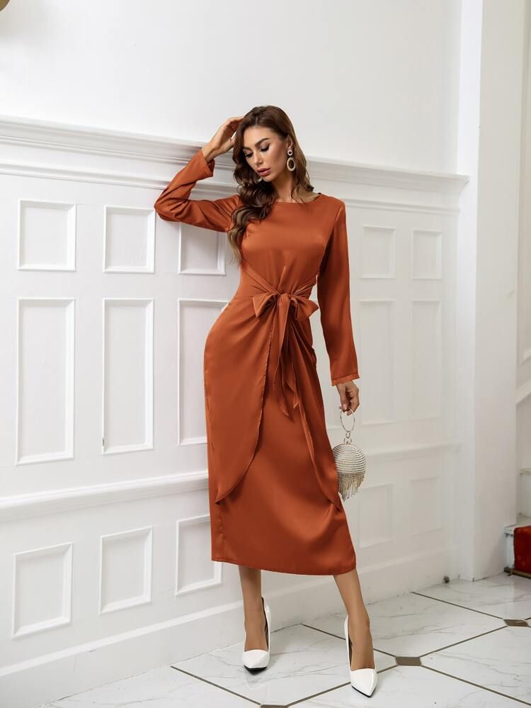 Tie Front Slit Back Fitted Satin Dress | SHEIN