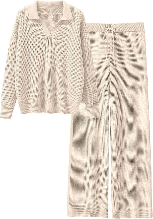 ANRABESS Women Two Piece Outfits Sweater Sets Lounge Waffle Knit Pullover Matching Wide Leg Pants... | Amazon (US)