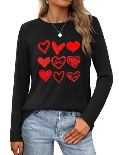 Valentines Shirts for Women Love Heart Casual Funny Long Sleeve Tee Tops (Black2,2XL) | Amazon (US)