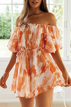 loveimgs Women's Sexy Off Shoulder Lantern Sleeve Ruched Smocked Flared A-Line Short Summer Dress | Amazon (US)