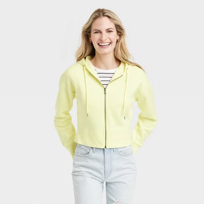 Women's Cropped Hooded Zip-Up Sweatshirt - Universal Thread™ Yellow S | Target