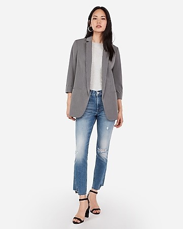 rolled sleeve textured boyfriend blazer | Express