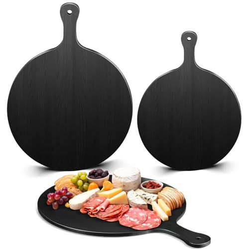 Geetery 2 Pcs Round Black Cutting Board with Handle Bamboo Cheese and Chopping Board Charcuterie Black Platter Tray for Kitchen Pizza Bread Vegetables DIY Holiday Present (11.6 Inch,9 Inch) | Amazon (US)