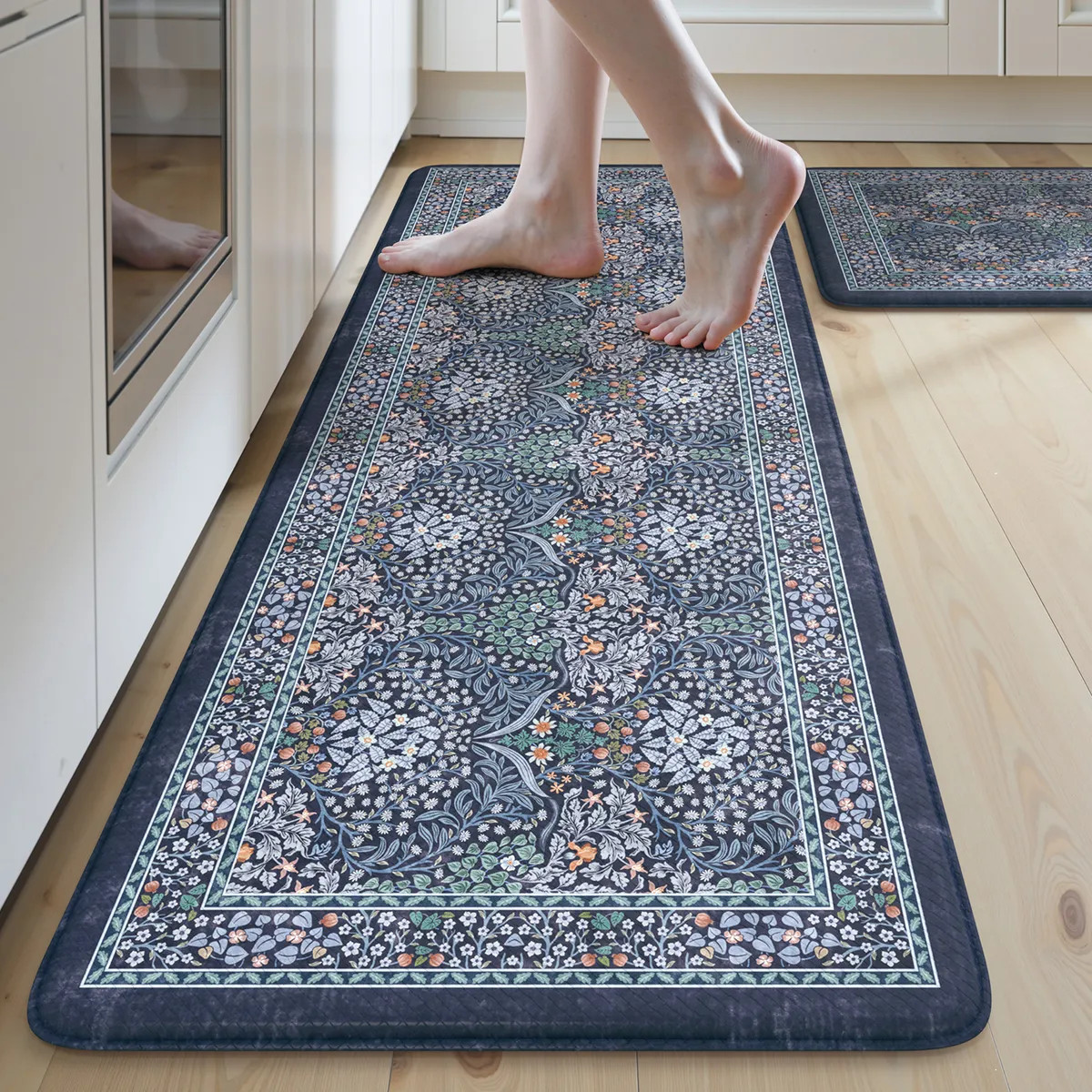 Clarisse Maximalism Floral Blue Anti-Fatigue Kitchen Mat Set - Lahome | Lahome