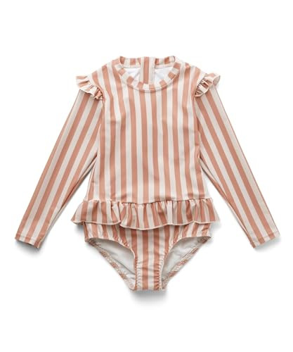 LDIOIF Girls One Piece Bathing Suit Zipper Long Sleeve Rash Guard Pink Striped Swimsuits Quick Dry Beachwear with Ruffle 5-6Y | Amazon (US)