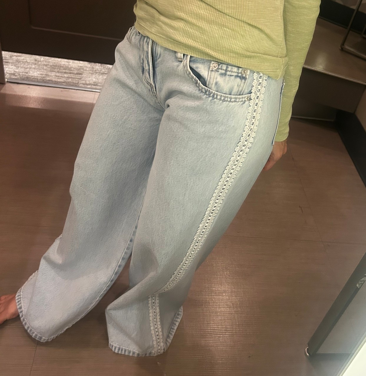 Mid- Rise wide leg baggy jeans with lace trim on the side 

#LTKmomlife #LTKdayinmylife #LTKootd