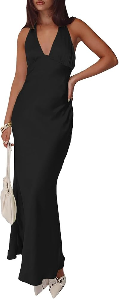 Women's Satin Dresses Summer Bodycon Sexy Halter V Neck Backless Elegant Formal Prom Cocktail Wed... | Amazon (US)