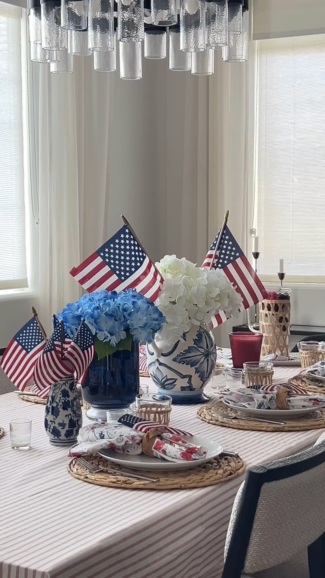 Americana tablescape, patriotic table decor, Memorial Day table setting, 4th of July table ideas, red white and blue table, understated patriotic decor, blue and white ginger jar, hydrangea centerpiece, woven rattan chargers, striped tablecloth, floral napkins, napkin ring styling, layered place settings, everyday dishes styled, mix and match tableware, summer hosting table, casual elegant entertaining, classic Americana style, neutral patriotic table, hosting inspiration, modern traditional decor

#LTKHome #LTKSeasonal