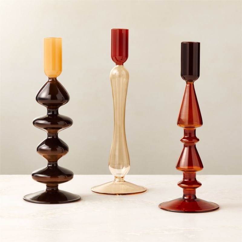 Kava Warm Toned Glass Taper Candle Holders Set of 3 + Reviews | CB2 | CB2