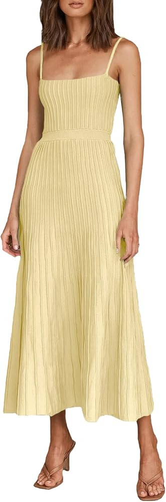 Uusollecy Women's Ribbed Knit Adjustable Spaghetti Straps Square Neck Summer Party Maxi Long Dres... | Amazon (US)