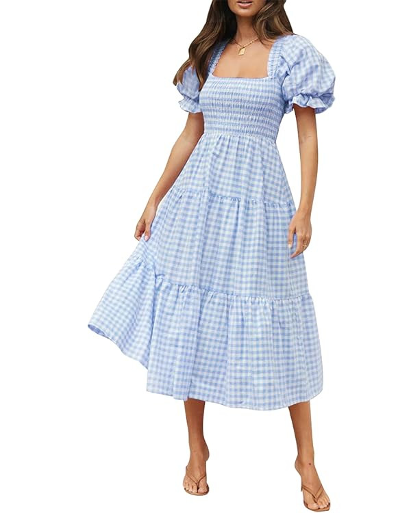 ZESICA Women's 2025 Bohemian Summer Plaid Square Neck Puff Sleeve Ruffle Flowy Beach Midi Dress | Amazon (US)