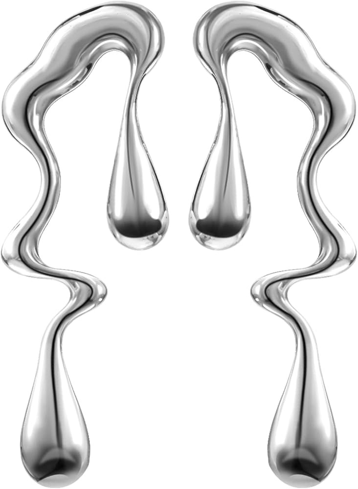 Statement Earrings for Women Irregular Geometric Studs Silver Tear Drop Earrings Jewelry Liquid M... | Amazon (US)