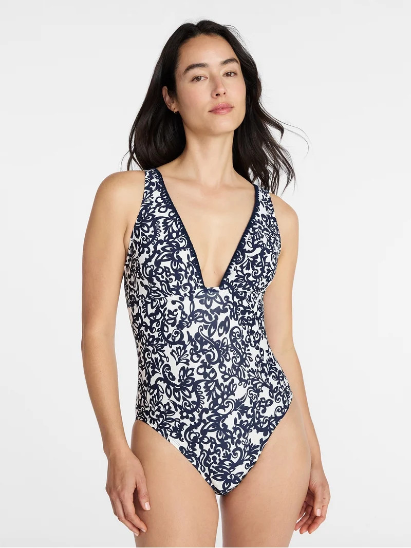 Time and Tru Women's and Women's Plus Shell Stitch Plunge One-Piece Swimsuit, Sizes XS-3X | Walmart (US)