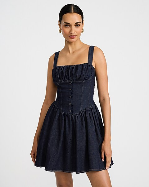 Denim Square Neck Corset Button Front Smocked Back Mini Dress | Express