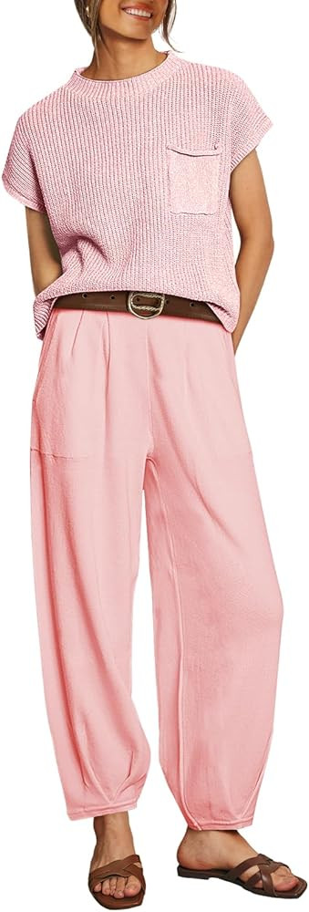 LILLUSORY 2 Piece Outfits For Women Trendy Lounge Sets Cozy Knit Sweater Short Sleeve Fashion Lou... | Amazon (US)