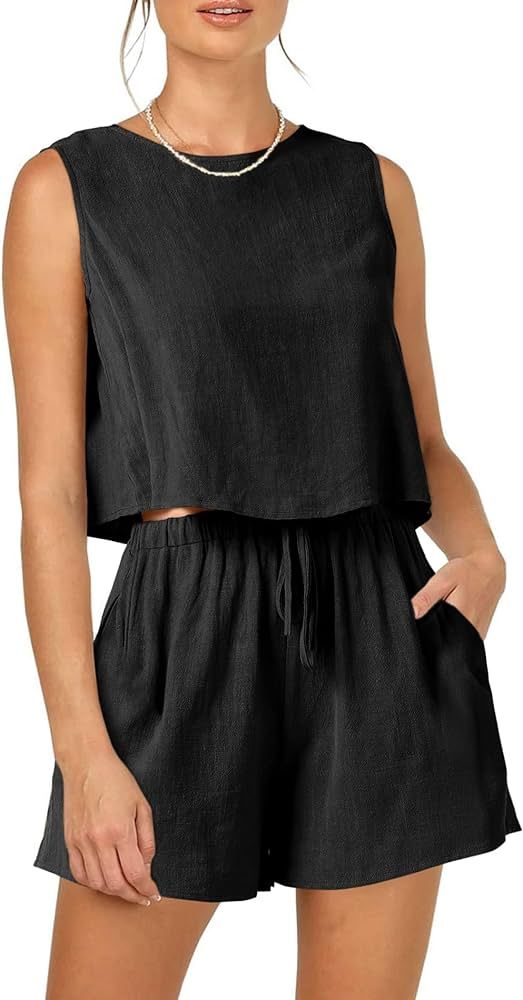 PRETTYGARDEN Women's 2024 Summer 2 Piece Outfits Casual Button Back Crop Tank Tops and High Waist... | Amazon (US)