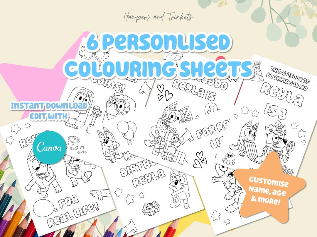 6 Personalized Blue Coloring Sheet Coloring Pages Customizable Canva Template Kids Birthday 4 Rea... | Etsy (US)