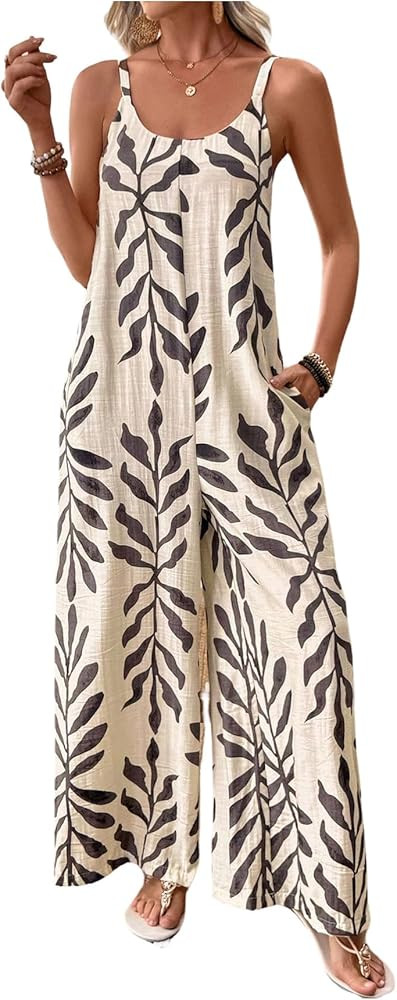 SweatyRocks Women's Tropical Print Wide Leg Jumpsuit Rompers Boho Spaghetti Strap Vacation Jumpsu... | Amazon (US)