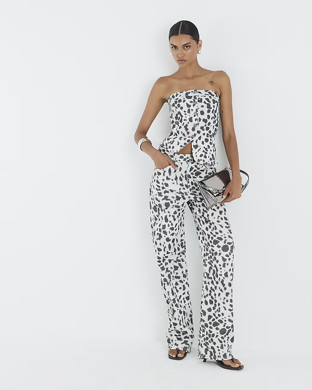 White Denim Spot Print Bandeau Top | River Island UK & IE