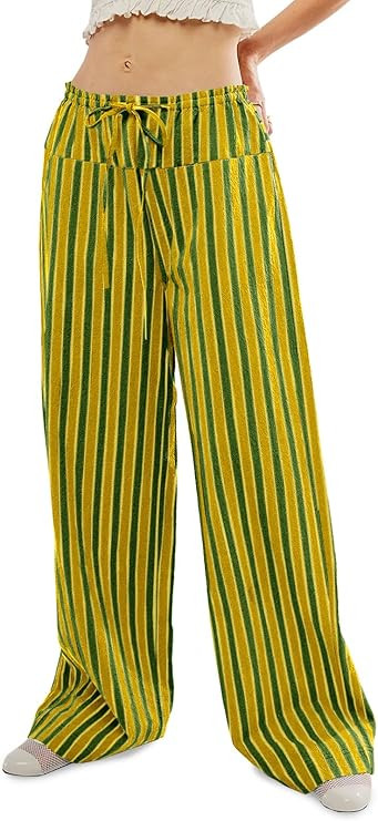 Tankaneo Womens Baggy Striped Pants Casual Loose Wide Leg Drawstring Elastic Waist Pants with Poc... | Amazon (US)