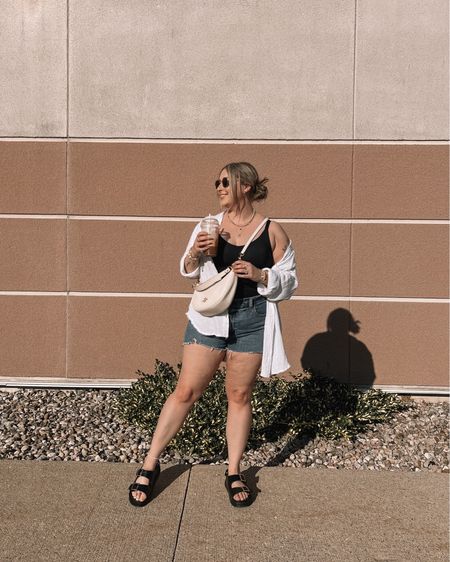 Casual midsize summer outfit 🤍Honeylove shaping tank top - L
White button up shirt - linked this year’s version 
Abercrombie denim shorts - sized up to 16 for a baggy fit
Chunky black sandals - TTS


#LTKsummer #LTKcanada #LTKmidsize