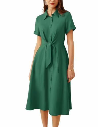 Linen Front Tie Button Down Shirt Dress Summer Short Sleeve Collar Work Dress Midi A Line Pockets Casual Dress Green 2XL | Amazon (US)