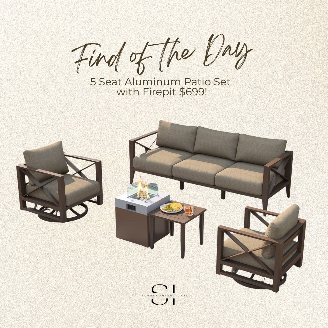 outdoor furniture, patio set with fire pit, aluminum conversation set, neutral patio decor, backyard oasis, outdoor swivel chairs, modern patio sofa, LTK home, fire pit table, patio seating ideas

#LTKSeasonal #LTKHome #LTKSaleAlert