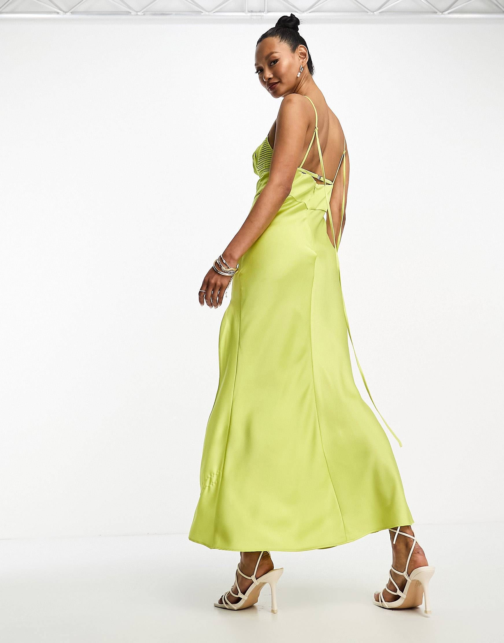 ASOS DESIGN satin corset detail plunge midi dress in lime green | ASOS (Global)