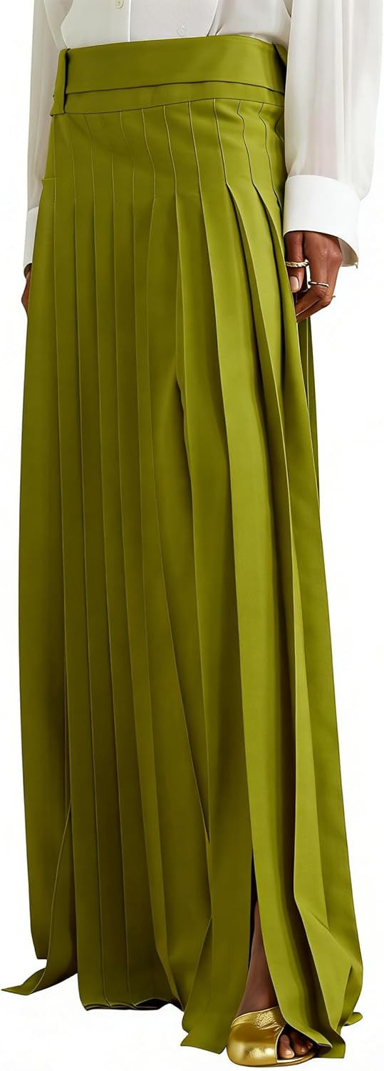 oshoplive Pleated Maxi Skirt for Women High Waisted H line Long Flowy Skirt with Slit Floor Length Loose Fit Elegant Retro | Amazon (US)