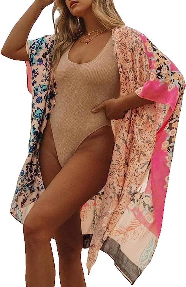 Chunoy Women Open Front Chiffon/Rayon Beach Blouse Top Kimono Cardigan Long Cover Up | Amazon (US)
