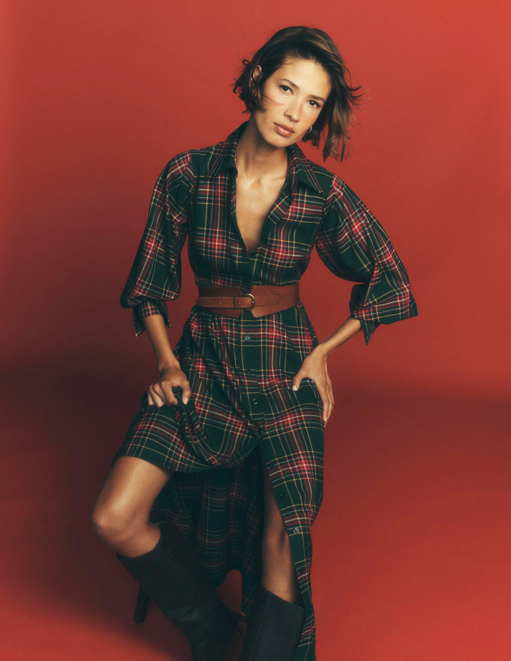 Maeve Check Midi Shirt Dress-Green, Navy and Red Check | Boden (US)