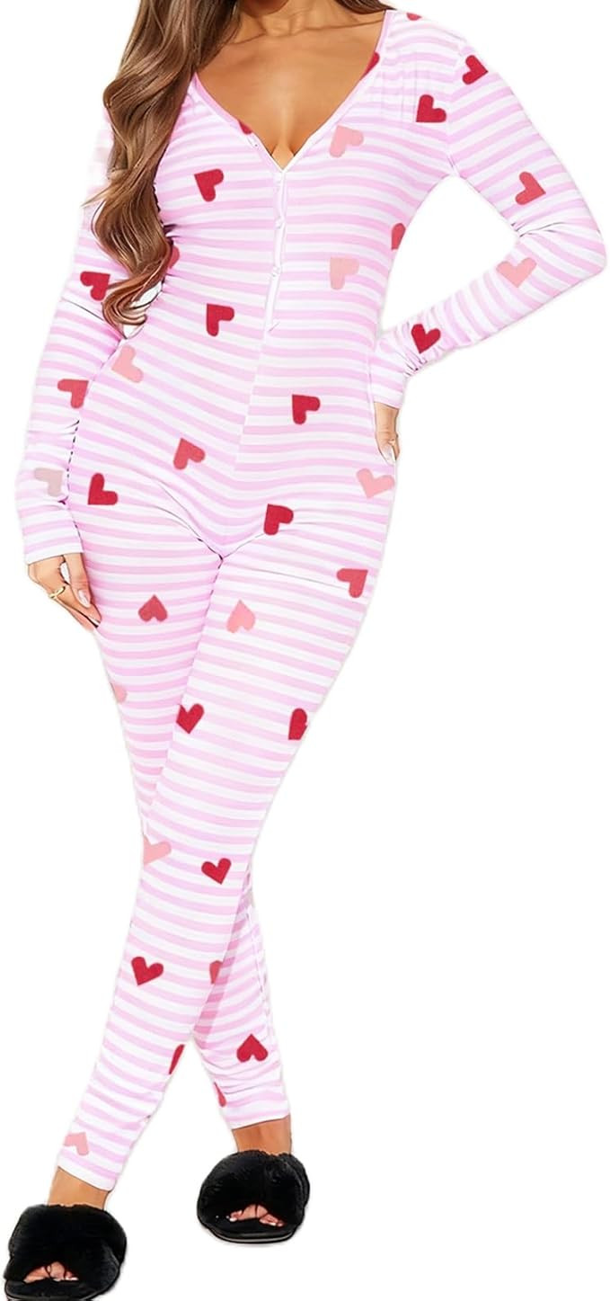 Women Valentine's Bodycon Pajama Jumpsuit V Neck Long Sleeve Button One Piece Rompers Overall Sle... | Amazon (US)