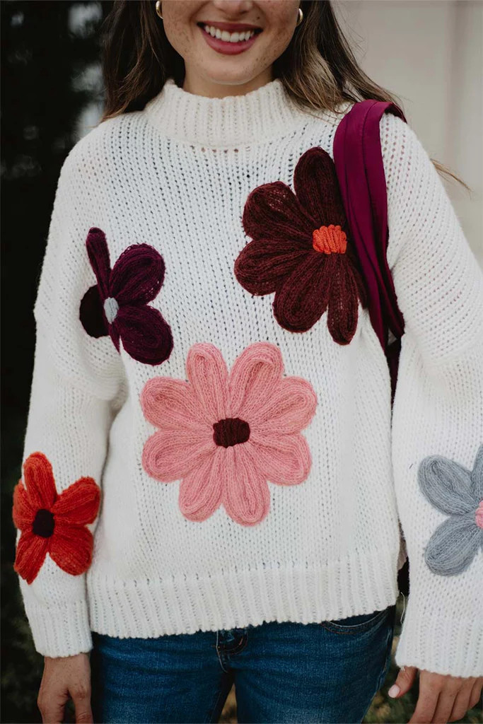 White Floral Warm Fall Stitched Sweater | Katydid.com