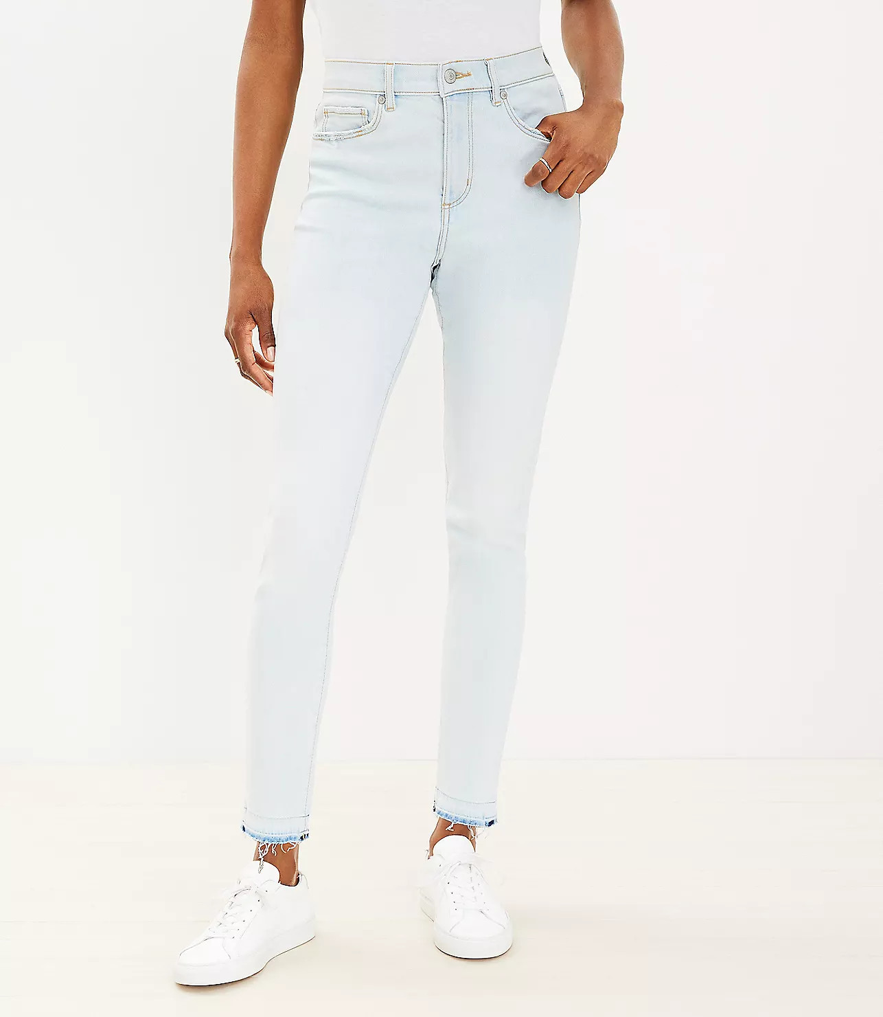 Unpicked Hem High Rise Skinny Jeans in Soft Washed Blue | LOFT